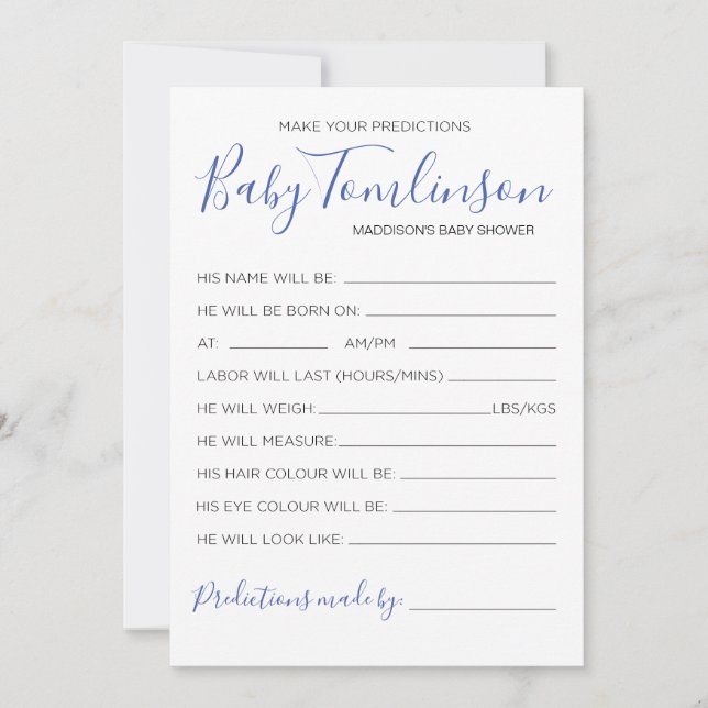 Boy Baby Shower Predictions Guess Game Card (Front)