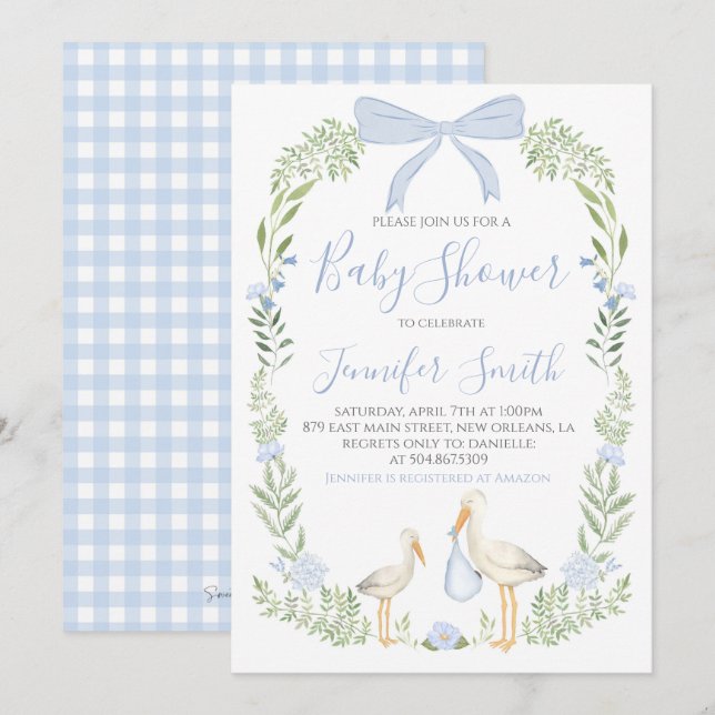Boy Baby Shower Preppy Southern Blue Stork Invitation (Front/Back)