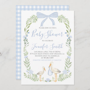 Boy Baby Shower Preppy Southern Blue Stork Invitation