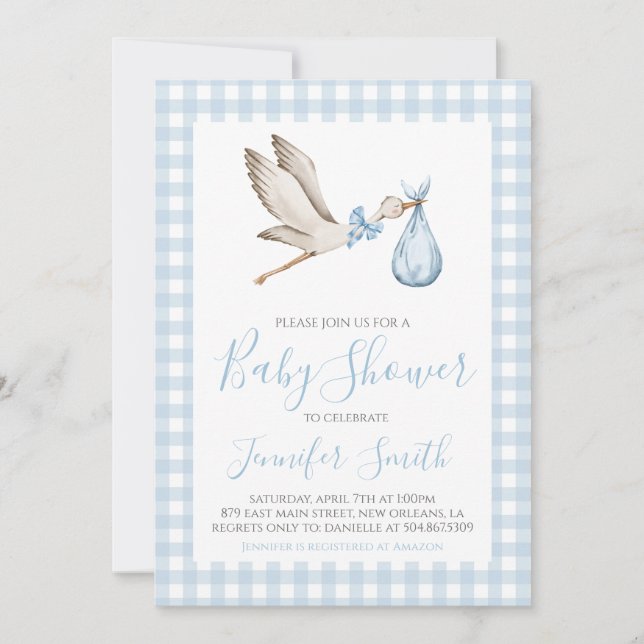 Boy Baby Shower Preppy Southern Blue Stork Invitation (Front)
