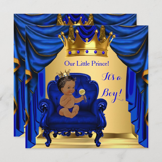 Boy Baby Shower Prince Royal Blue Gold Dark Skin Invitation (Front/Back)