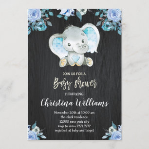 Boy Baby Shower Rustic Blue Flowers Elephant Invitation
