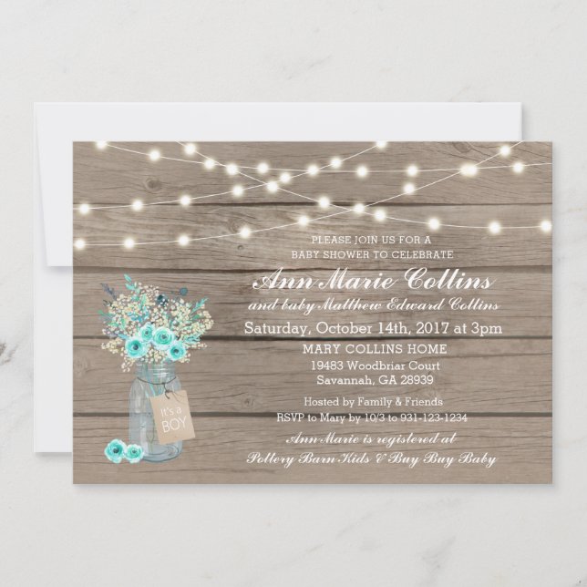 Boy Baby Shower Rustic String Lights Babys Breath Invitation (Front)