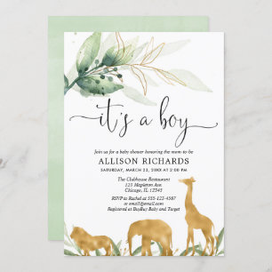 Boy baby shower, safari jungle gold animals invitation