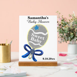 Boy Baby Shower Silver Blue Rattle Acrylic Sign