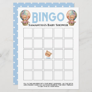 Boy Baby Shower Teddy Balloon Blue Bingo Invitation