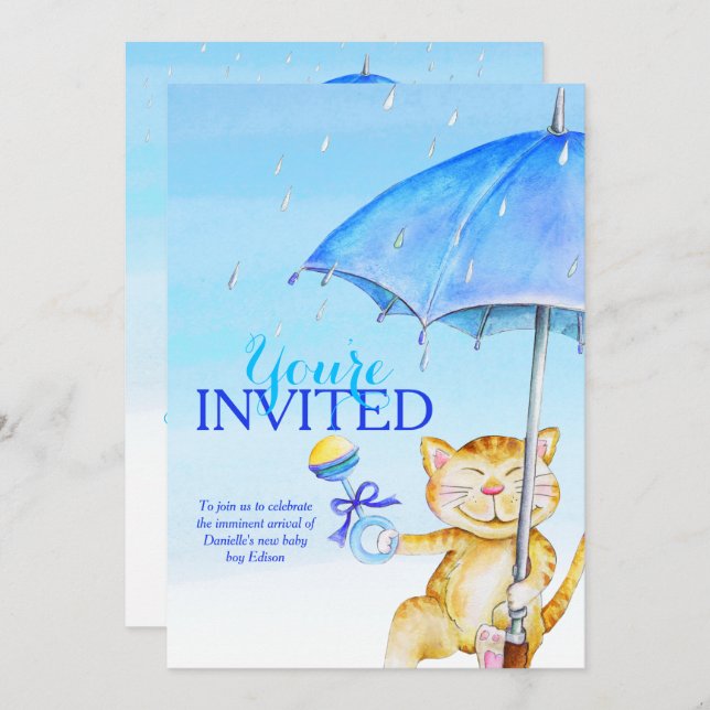 Boy baby shower umbrella whimsical cat invitations (Front/Back)