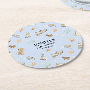 Boy Baby Shower, Vintage Toys, Blue Round Paper Coaster