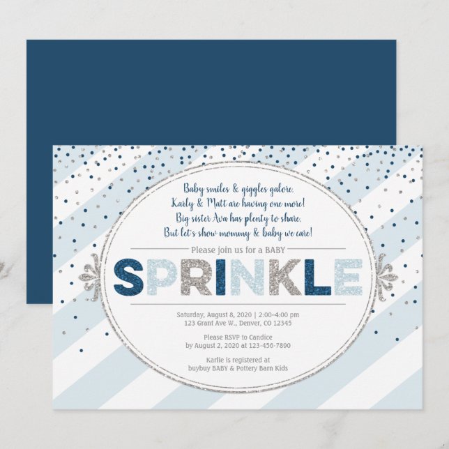 boy baby sprinkle invitation navy blue silver (Front/Back)
