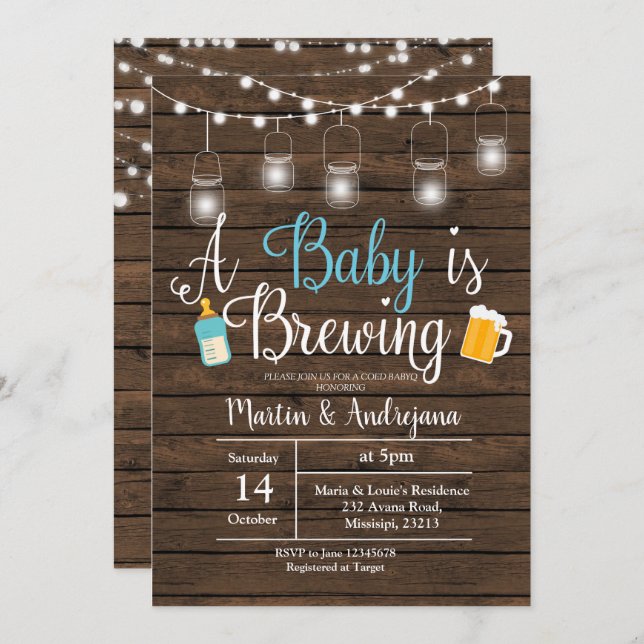 Boy BabyQ invitation Coed BBQ Baby brewing invite (Front/Back)