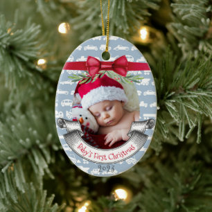 Boy Baby's First Christmas Tree Blue & Red Photo Ceramic Ornament