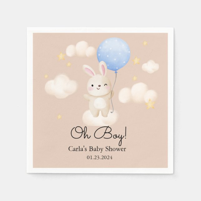 Boy Balloon Cute Brown Bunny Baby Shower Napkin (Front)