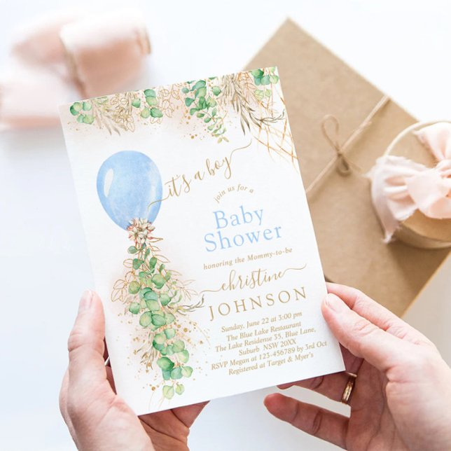 Boy Balloon Eucalyptus Gold Glitter Baby Shower Invitation (Creator Uploaded)