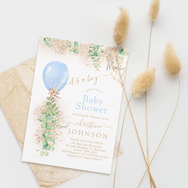 Boy Balloon Eucalyptus Gold Glitter Baby Shower Invitation (Creator Uploaded)