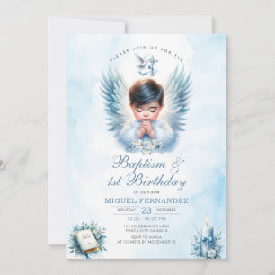Boy Baptism & 1st Birthday Blue Floral Cross Invitation