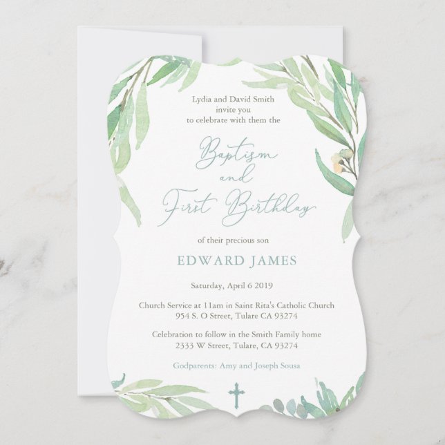 Boy Baptism 1st Birthday Party, Spring Greenery Invitation (Front)