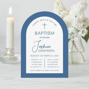 Boy Baptism Arch Blue White Christening Religious  Invitation