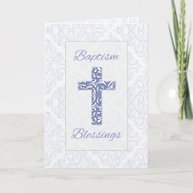 Boy Baptism Blessings Blue Cross Damask Swirls Card (Front)