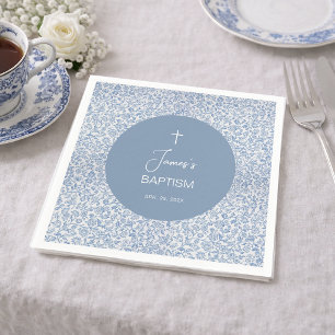 Boy Baptism Blue and White Floral Pattern Elegant Napkin
