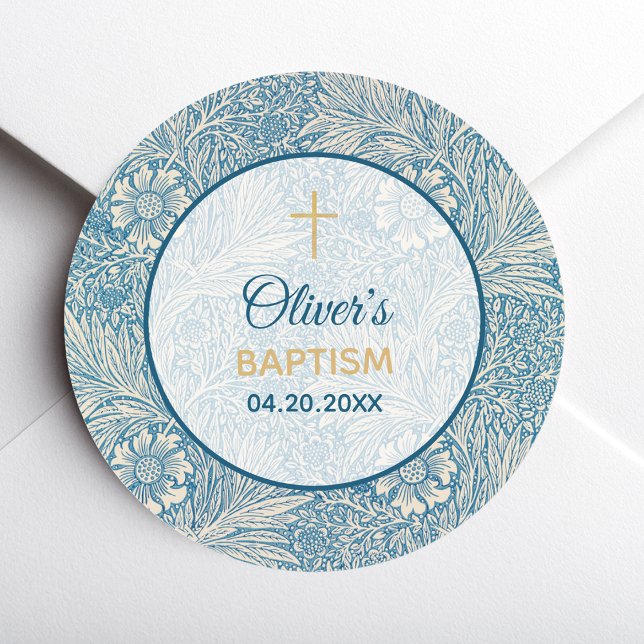 Boy Baptism Blue Floral Marigold William Morris Classic Round Sticker (Creator Uploaded)