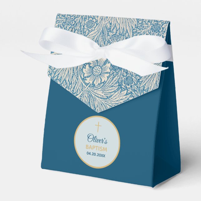 Boy Baptism Blue Floral Marigold William Morris Favour Box (Front Side)