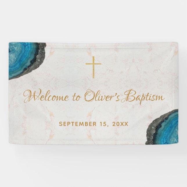 Boy Baptism Blue Geode Agate Marble Script Welcome Banner (Horizontal)