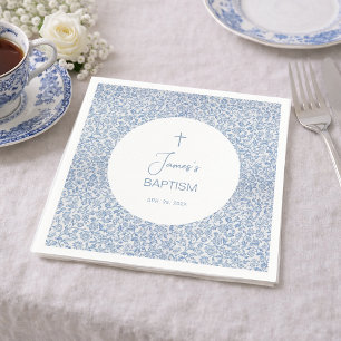 Boy Baptism Blue White Floral Pattern Christening  Napkin