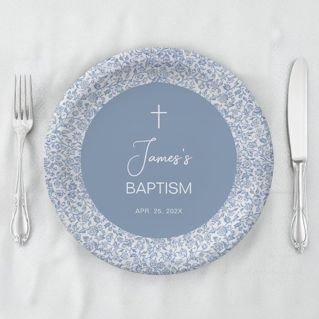 Boy Baptism Blue White Floral Pattern Christening Paper Plate (Creator Uploaded)