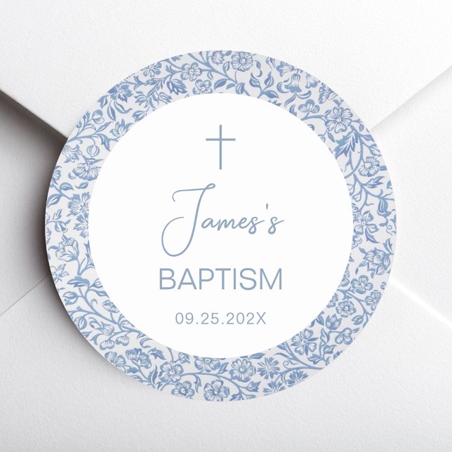 Boy Baptism Blue White Floral Pattern Religious Classic Round Sticker (Creator Uploaded)