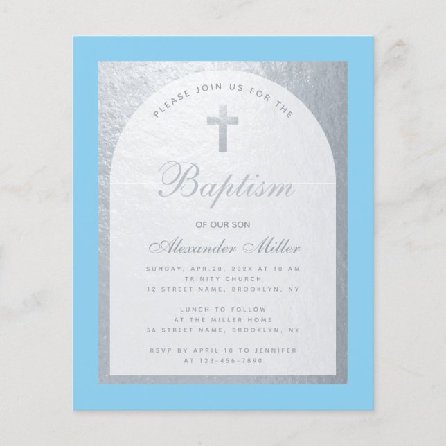 Boy Baptism Budget Baby Blue Silver Invitation (Front)