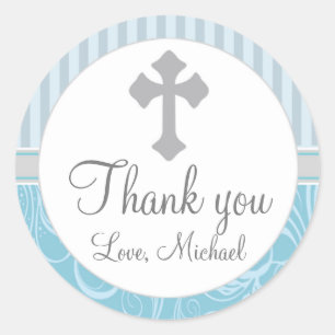Boy Baptism Christening Stripes Floral Favour Labe Classic Round Sticker