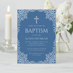 Boy Baptism Classic Blue Faux Silver Leaves Ornate Invitation