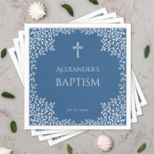 Boy Baptism Classic Blue Faux Silver Leaves Ornate Napkin