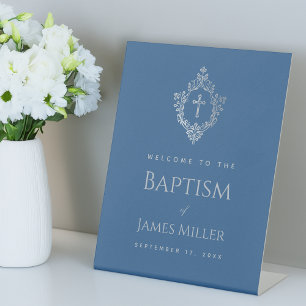 Boy Baptism Classic Blue Vintage Crest Welcome Pedestal Sign