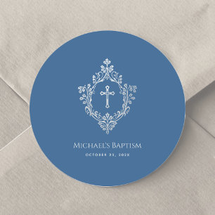 Boy Baptism Classic Blue Vintage Silver Crest Round Sticker