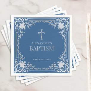 Boy Baptism Classic Elegant Blue Faux Silver Foil Napkin