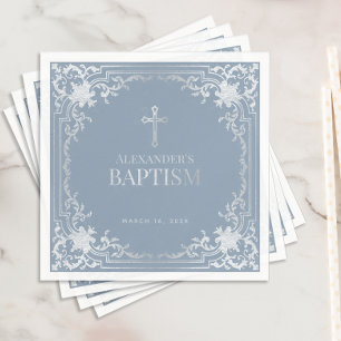 Boy Baptism Dusty Blue Elegant Faux Silver Cross Napkin
