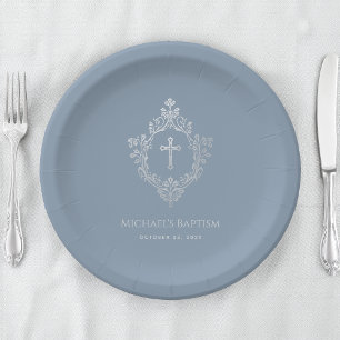 Boy Baptism Dusty Blue Faux Silver Crest Vintage Paper Plate