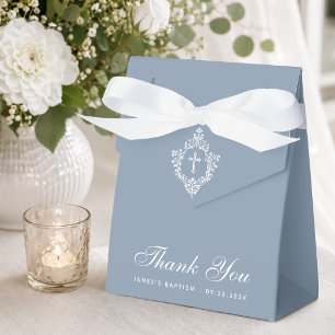 Boy Baptism Dusty Blue White Cross & Crest Elegant Favour Box