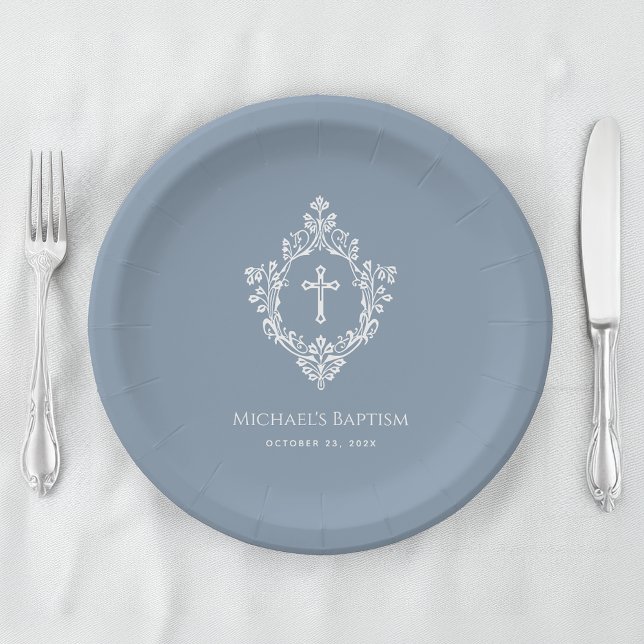Boy Baptism Dusty Blue White Cross Crest Religious Paper Plate (Creator Uploaded)