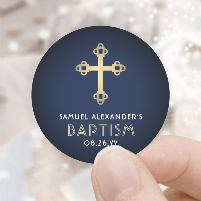 Boy Baptism Elegant Cross Navy Blue White and Gold Classic Round Sticker (Creator Uploaded)