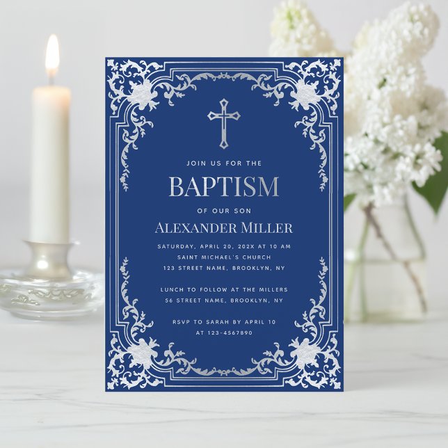 Boy Baptism Elegant Royal Blue Faux Silver Cross Invitation (Creator Uploaded)