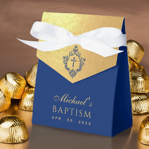 Boy Baptism Faux Gold Royal Blue Crest Religious Favour Box