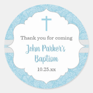 Boy baptism favour idea   blue damask classic round sticker