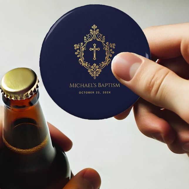 Boy Baptism Favours Navy Blue Faux Gold Cross Cres Bottle Opener (Creator Uploaded)