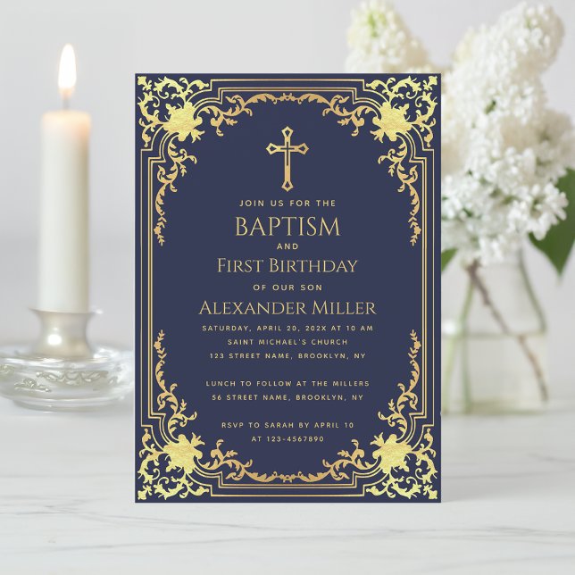 Boy Baptism First Birthday Navy Blue Gold Elegant  Invitation (Creator Uploaded)