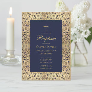 Boy Baptism Floral Gold Frame Navy Blue Elegant Invitation