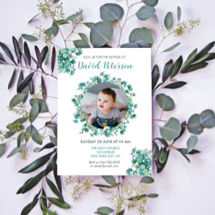 Boy Baptism Floral Teal Blue Wreath Invitation