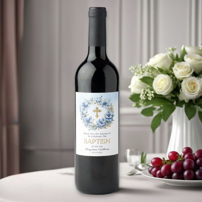 Boy Baptism Gold & Blue Watercolor Floral  Wine Label (Creator Uploaded)