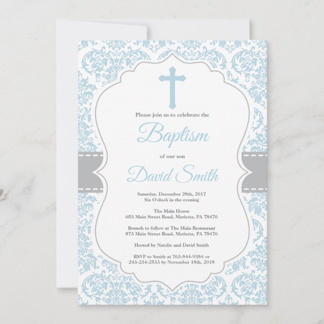 Boy Baptism Invitation Blue and Grey Damask (Front)